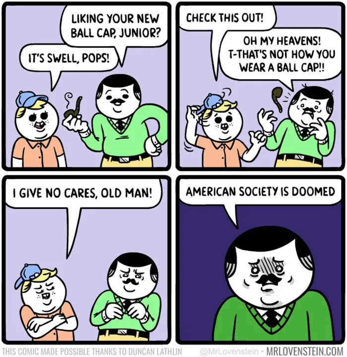 Comic strip featuring dark humour about a father and son discussing a new ball cap, ending with a comedic twist.
