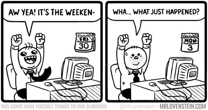 Man excited for weekend, confused as Monday arrives suddenly. Dark humor comic with a twist on time passage.