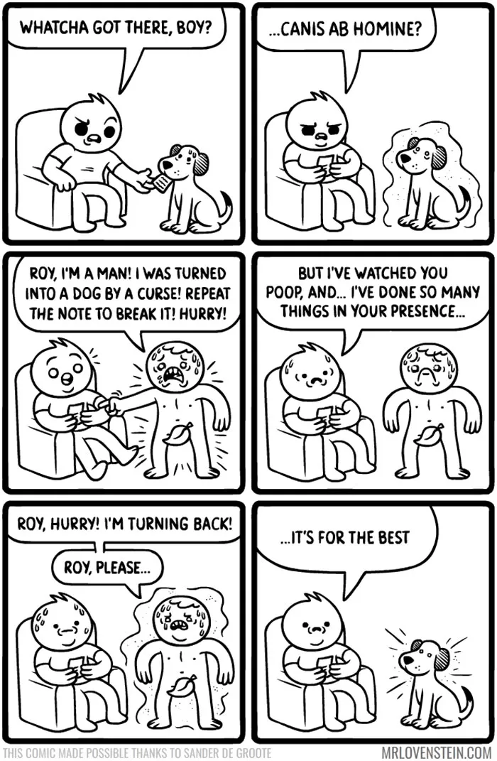 Comic strip featuring dark humor with a dog revealing he's a cursed man, the owner remains unfazed.