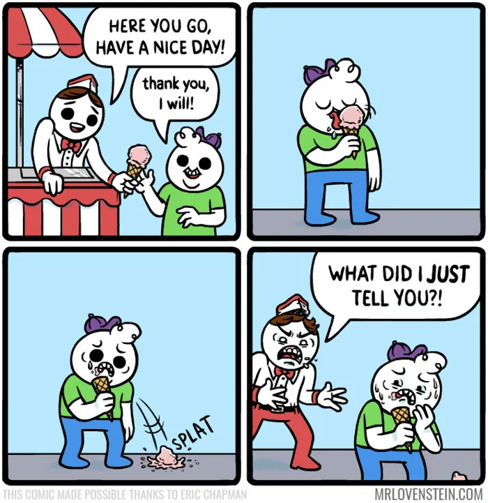 Comic strip featuring a humorous dark humour exchange between an ice cream vendor and customer.