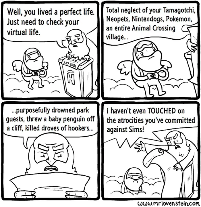 Dark humor comic about a character being judged for virtual life choices, featuring games like Tamagotchi and Sims.