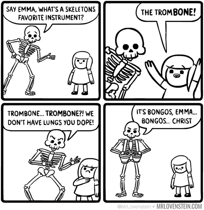 Skeleton and girl discuss favorite instrument in a dark humor comic, with a twist about bongos.