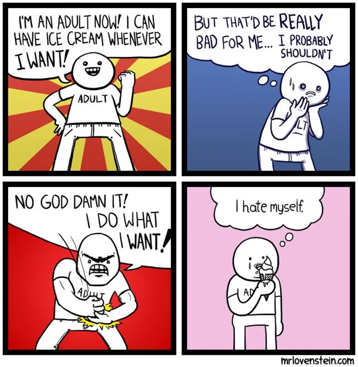 Comic strip about adult's dilemma with ice cream, featuring dark humour.