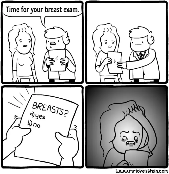 Comic with dark humour showing a woman stressed by a confusing breast exam questionnaire.
