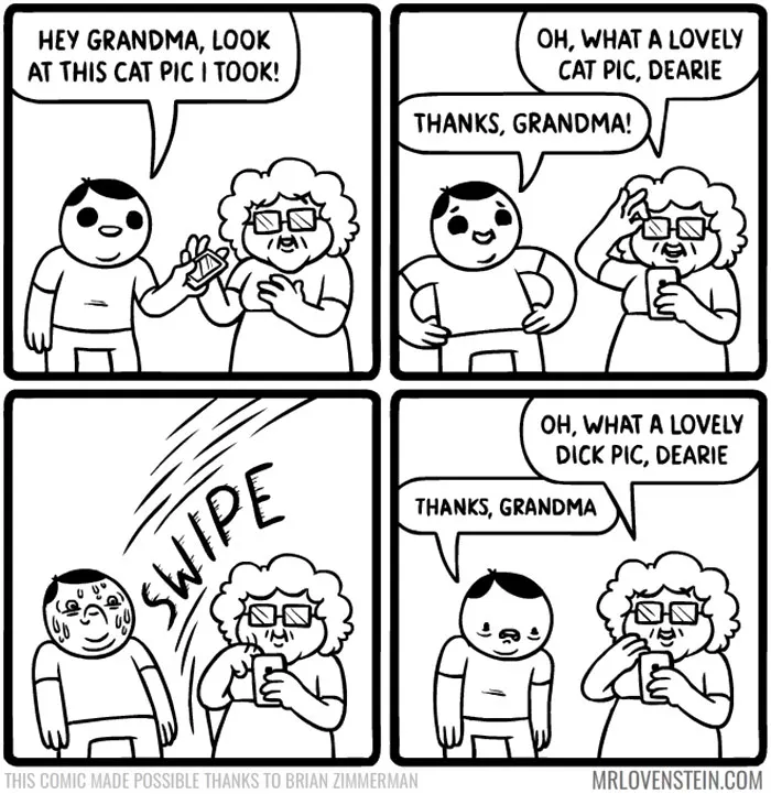 Comic strip of a boy showing his grandma a cat pic, accidentally revealing something else. Dark humour ensues.