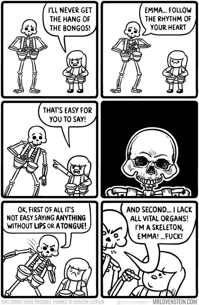 Skeleton struggles playing bongos in dark humour comic strip.