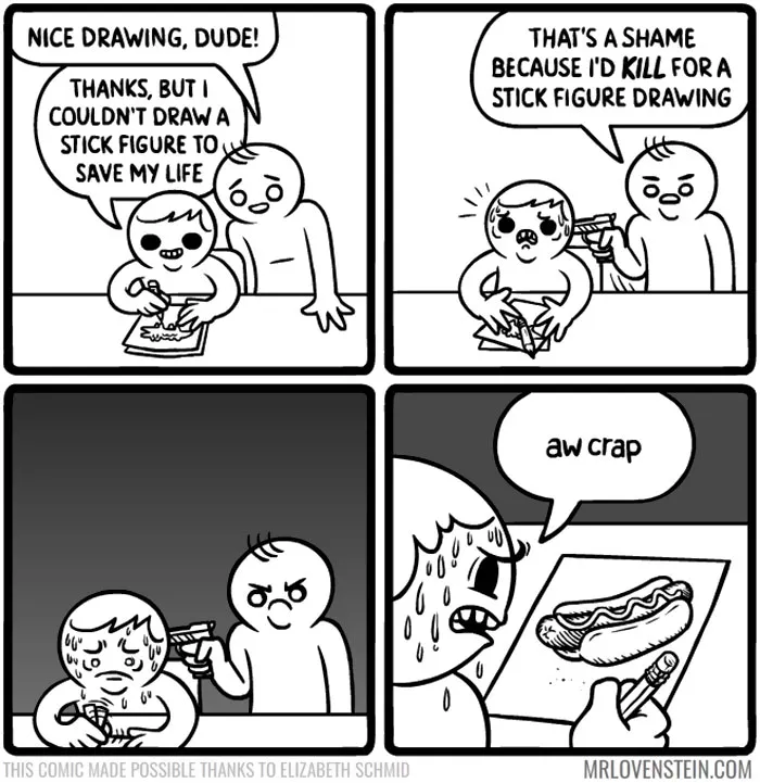 Comic featuring dark humor with a character struggling to draw while under threat at gunpoint, ending with an exaggerated hot dog drawing.