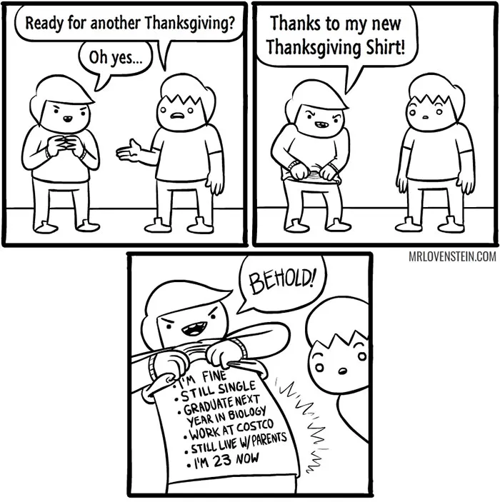 Comic: Person excitedly shows a Thanksgiving shirt listing life updates in a dark humor style.