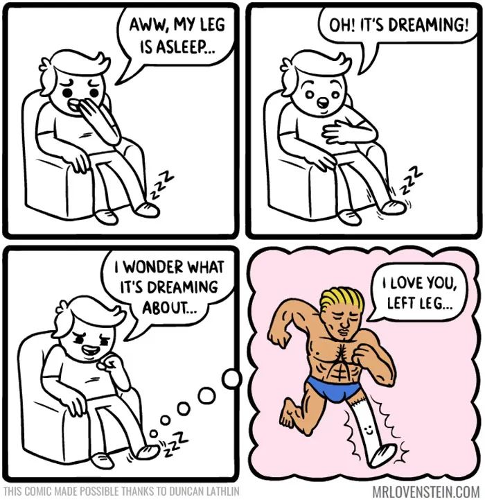 Comic of person imagining their asleep leg dreaming, featuring humorous dream with a muscular man hugging the leg. Dark humour comics.