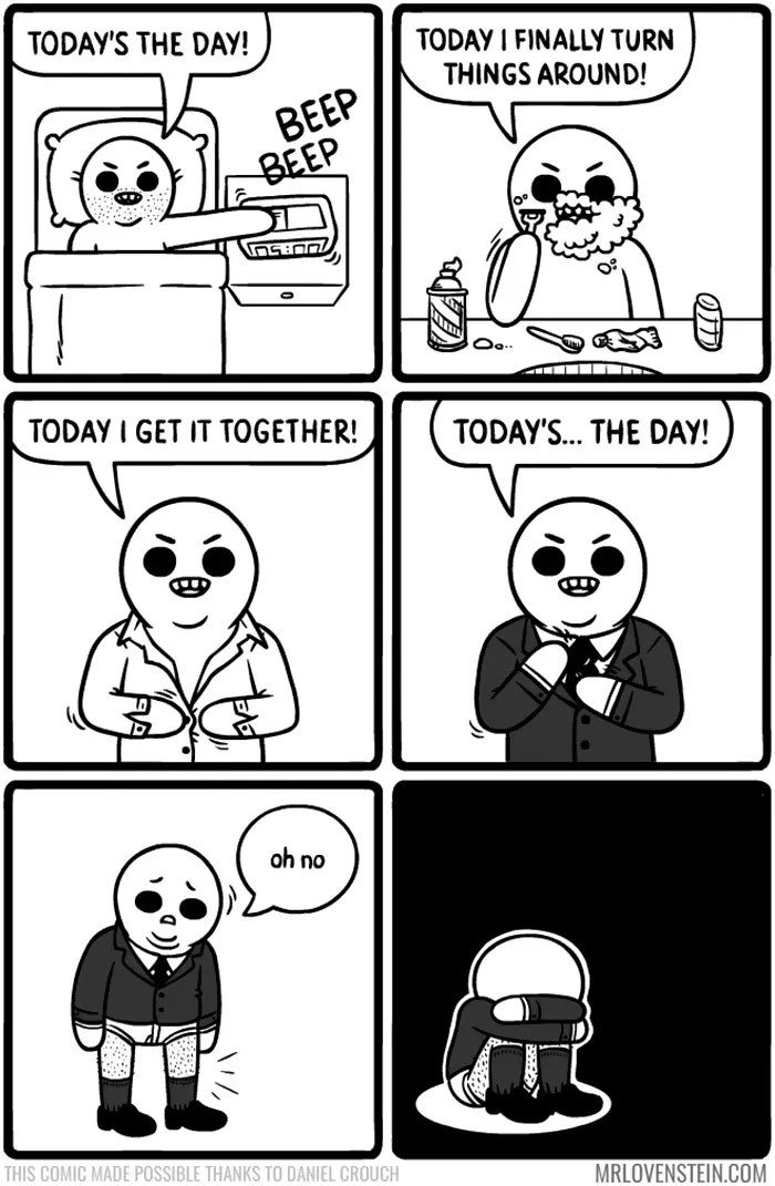 Comic character's day spiraling into chaos, showcasing dark humor in six panels.