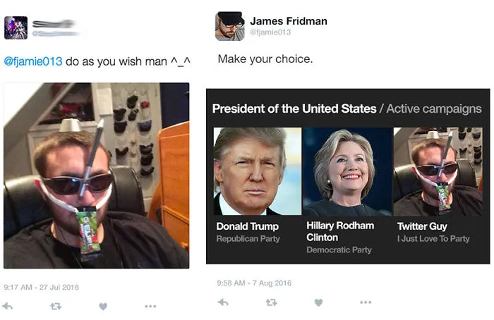 Photoshop troll edits a photo request literally, showing a man with sunglasses and a drink attached by straws.