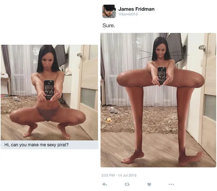 Woman taking a selfie squatting, then edited by Photoshop troll with extremely elongated legs and arms.
