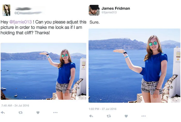 Woman posing by the sea wearing sunglasses with a photoshopped cliff held in her hand by Photoshop troll.