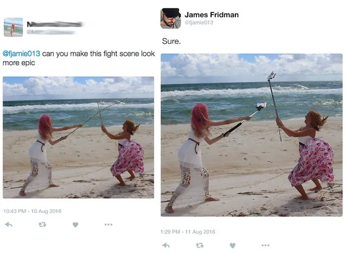 Photoshop troll takes photo request literally, showing two women on beach fighting with selfie sticks instead of swords.