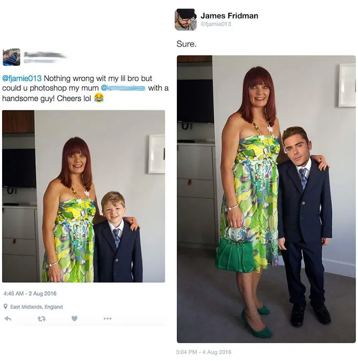 Woman in a green dress standing next to a small man with a photoshopped handsome head on a boy's body.