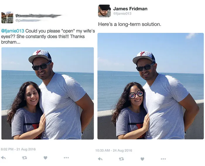 Couple posing by the ocean with Photoshop troll humorously editing woman's eyes to appear literally open glasses.
