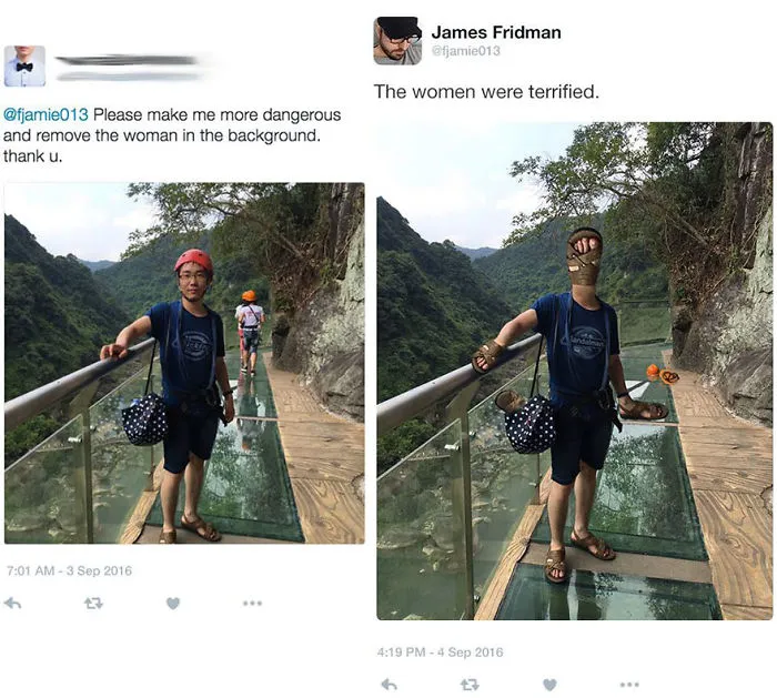 Man on glass bridge wearing helmet, with sandals edited over his face and body by Photoshop troll taking photo requests literally.