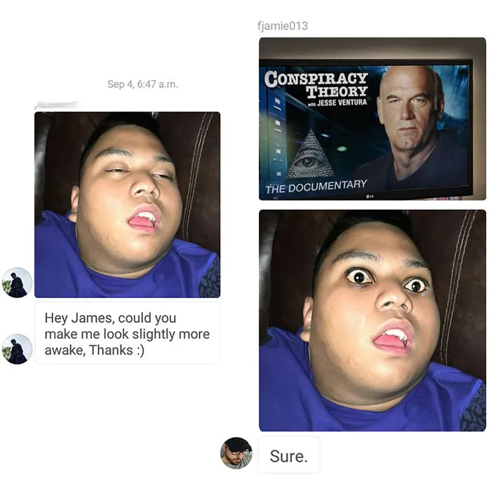 Photoshop troll edits photo to make person look extremely awake with wide eyes, humorously taking request too literally.