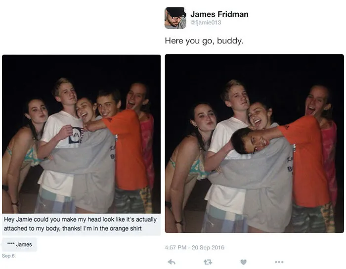 Group of friends posing at night with one person's head humorously edited to look attached to another's body, Photoshop troll style.