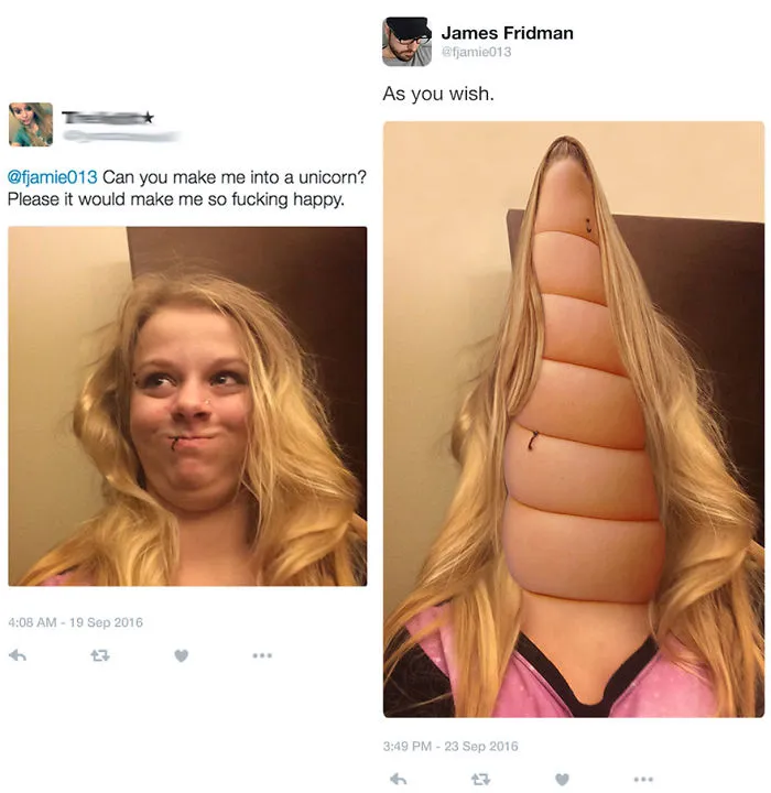 Photoshop troll humor with a literal photo edit turning a woman’s face into a segmented unicorn horn shape.