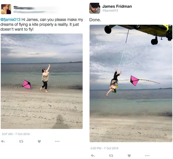 Photoshop troll takes photo request literally, showing person hilariously lifted by a kite attached to a helicopter over the beach.