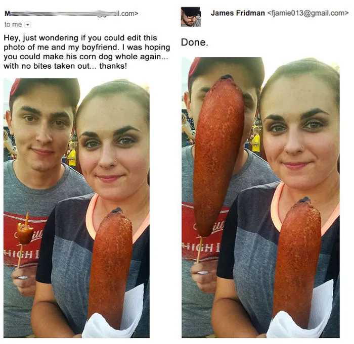 Photoshop troll humorously edits photo requests, showing a man holding an exaggeratedly large corn dog.