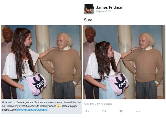 Photoshop troll humor showing a literal photo edit of a woman looking at a man’s chest with a surprised expression.