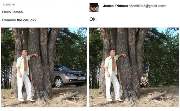 Photoshop troll removes car from photo by placing person on a tricycle in a forest setting behind a large tree.