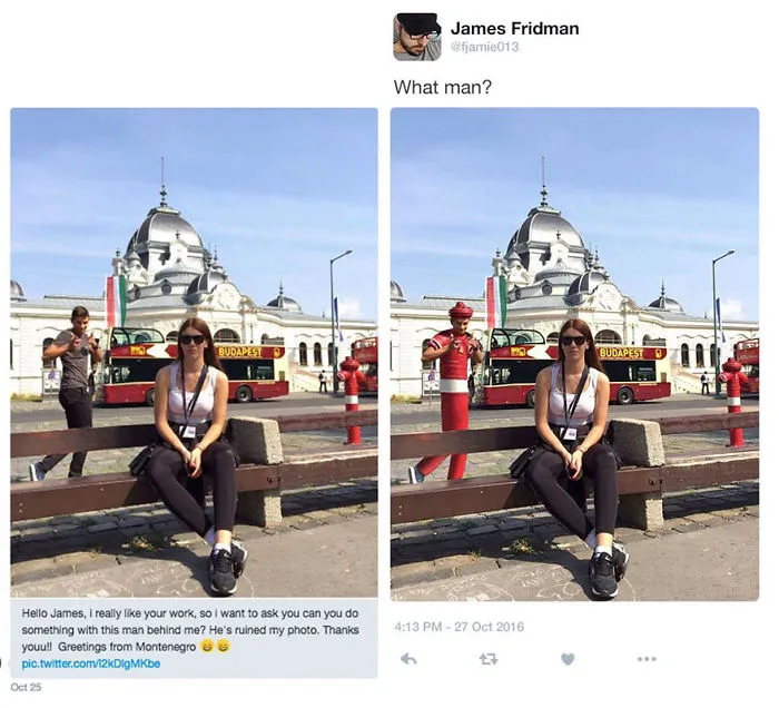 Photoshop troll edits photo literally by replacing man with identical figure in red outfit behind woman on bench in Budapest setting