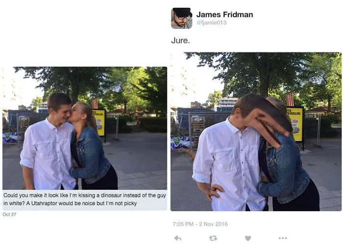 Photoshop troll edits a couple’s photo to literally replace a man with a distorted dinosaur head in a humorous way.