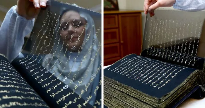 Artist Spends 3 Years Rewriting The Entire Quran In Gold On 164 Feet Of Silk By Hand