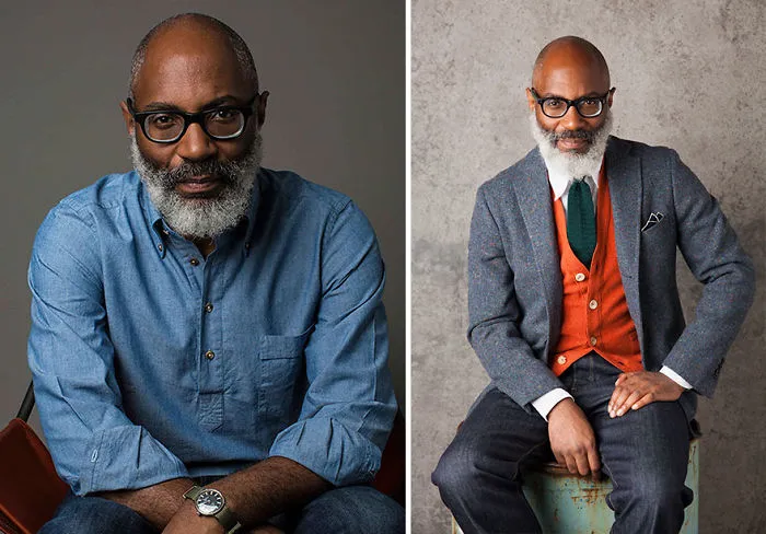 Handsome older man with a beard, wearing glasses and a blue shirt in one image, and a suit with a red vest in another.