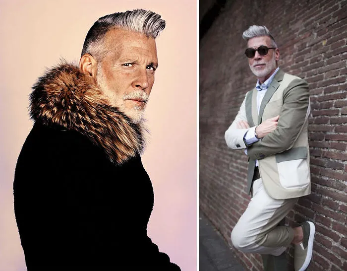 Stylishly dressed older man with gray hair, fur-lined coat, and sunglasses, embodying the concept of handsome older men.