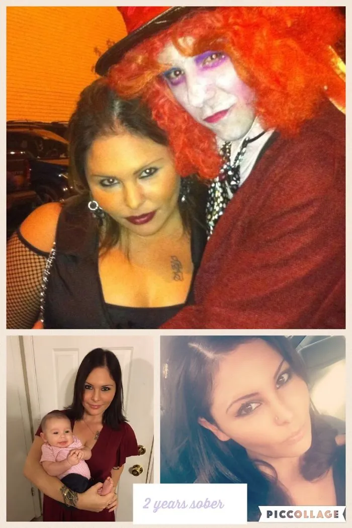 Collage showing before and after photos of a woman illustrating positive changes after quitting drinking for two years