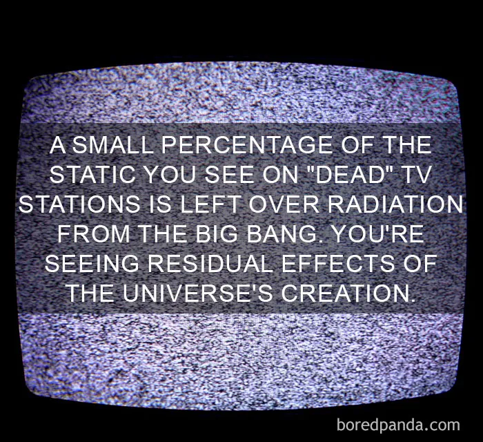 Static on a TV screen with text about radiation from the Big Bang, illustrating amazing facts about the universe.