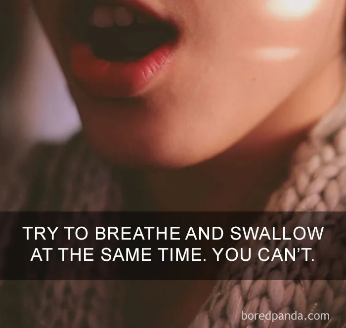 Close-up of a person’s mouth demonstrating an amazing fact about breathing and swallowing simultaneously.