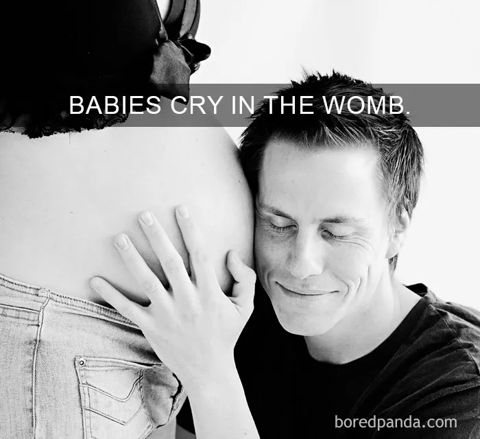 Man smiling and touching pregnant belly with text overlay highlighting amazing facts about the world.