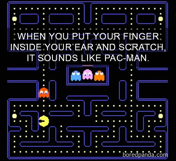 Pac-Man maze illustration with text about ear scratching sounding like Pac-Man, highlighting amazing world facts.