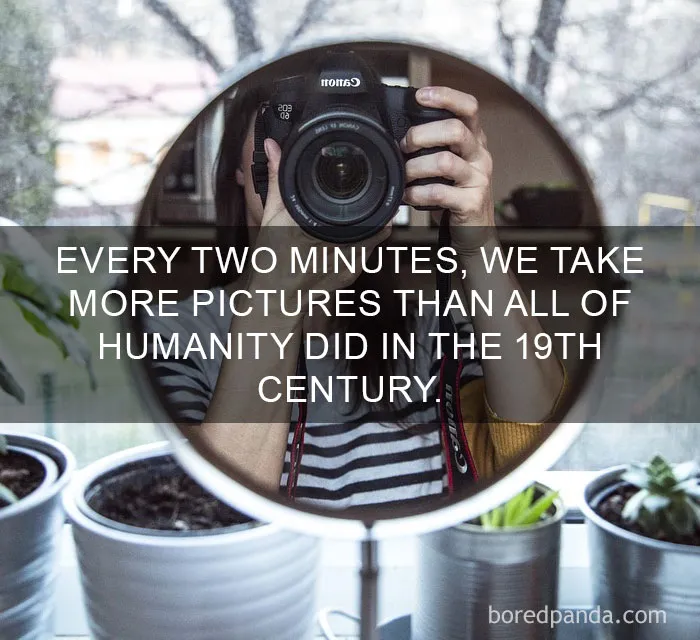 Person holding a camera taking a photo reflected in a mirror, illustrating amazing facts about photography trends.