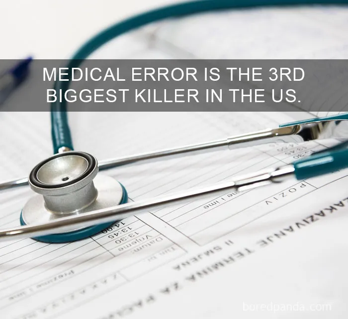 Stethoscope on medical documents highlighting the startling fact about medical errors' impact in the US.