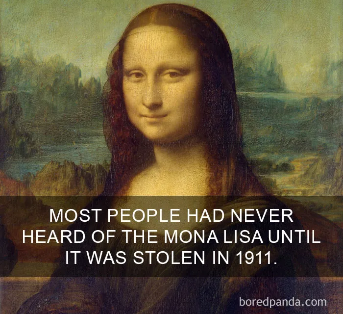 Mona Lisa painting with text highlighting the 1911 theft that changed perceptions worldwide.