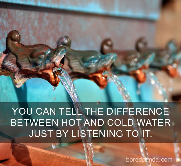 Water flowing from ornate metal spouts, illustrating amazing facts about distinguishing hot and cold by sound.