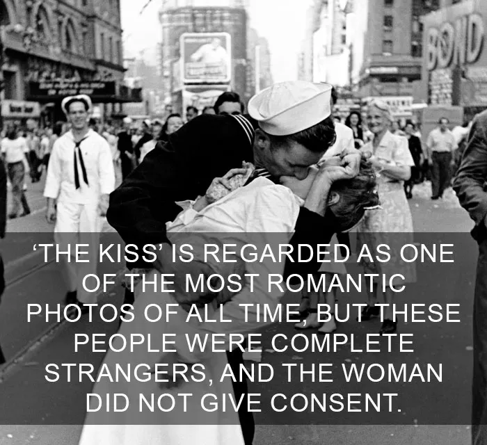 Sailor kissing woman in famous WWII photo in Times Square, changing perceptions with its unexpected context.