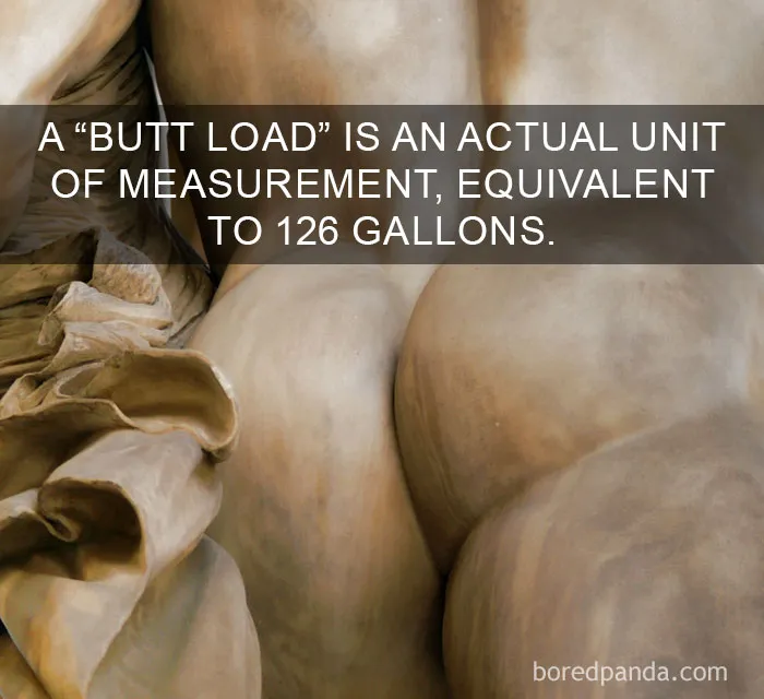 Close-up of a marble sculpture with an overlay text about an amazing fact involving a butt load as a unit of measurement.