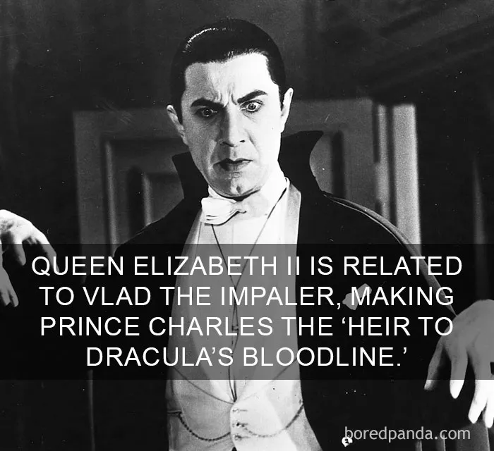 Black and white image of a man resembling Dracula, conveying surprising facts about royal lineage and historical connections.