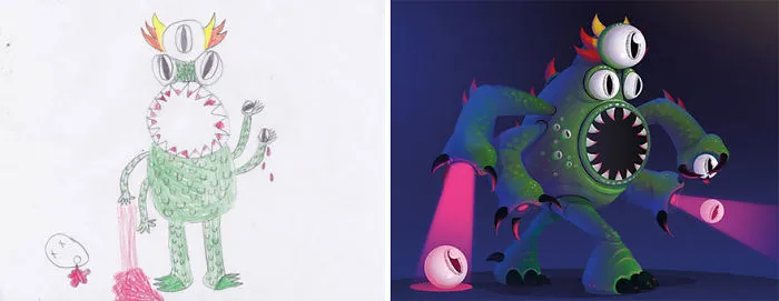 90 Artists Recreate Kids’ Monster Doodles In Their Unique Styles (2016)