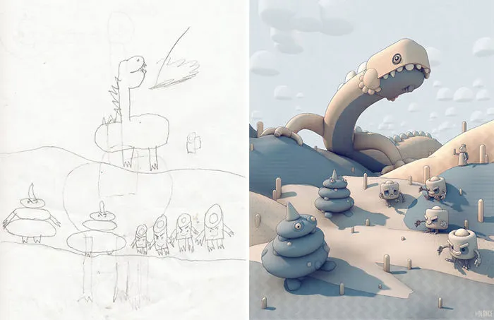 90 Artists Recreate Kids’ Monster Doodles In Their Unique Styles (2016)