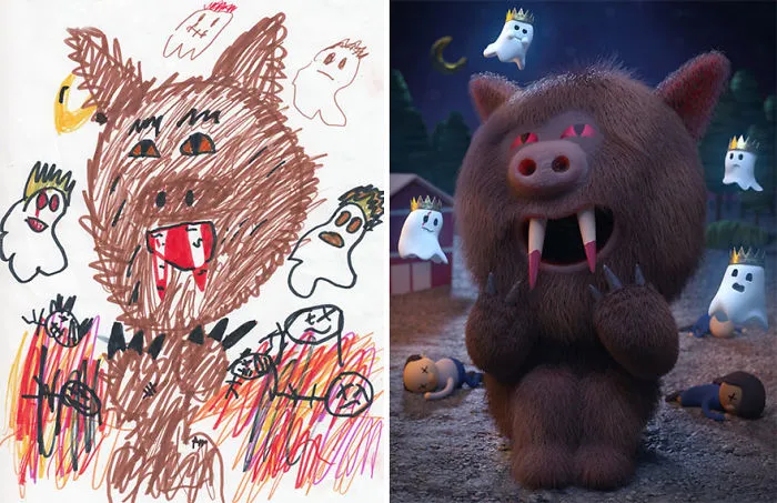 90 Artists Recreate Kids’ Monster Doodles In Their Unique Styles (2016)
