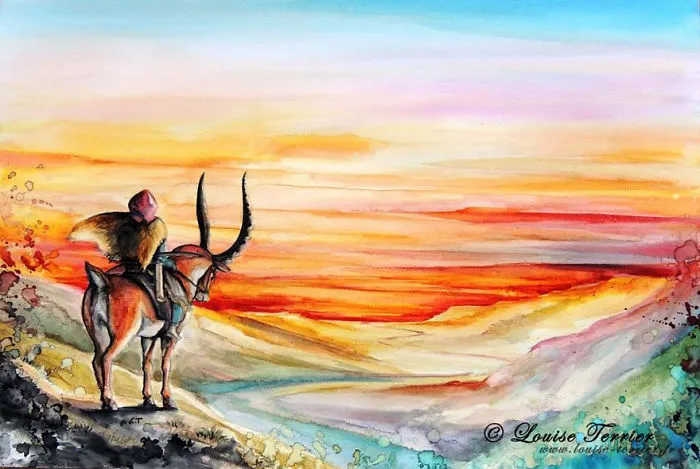 Ashitaka And Yakul Indian Ink Painting By Louise Terrier