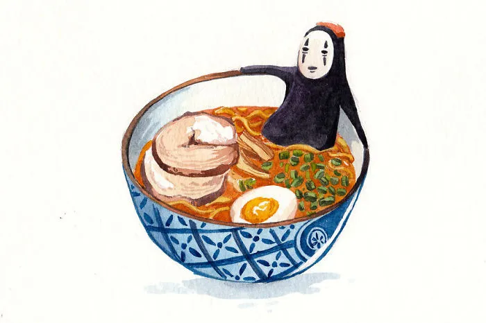 No Face In Ramen Bath Watercolor Painting By Penelope